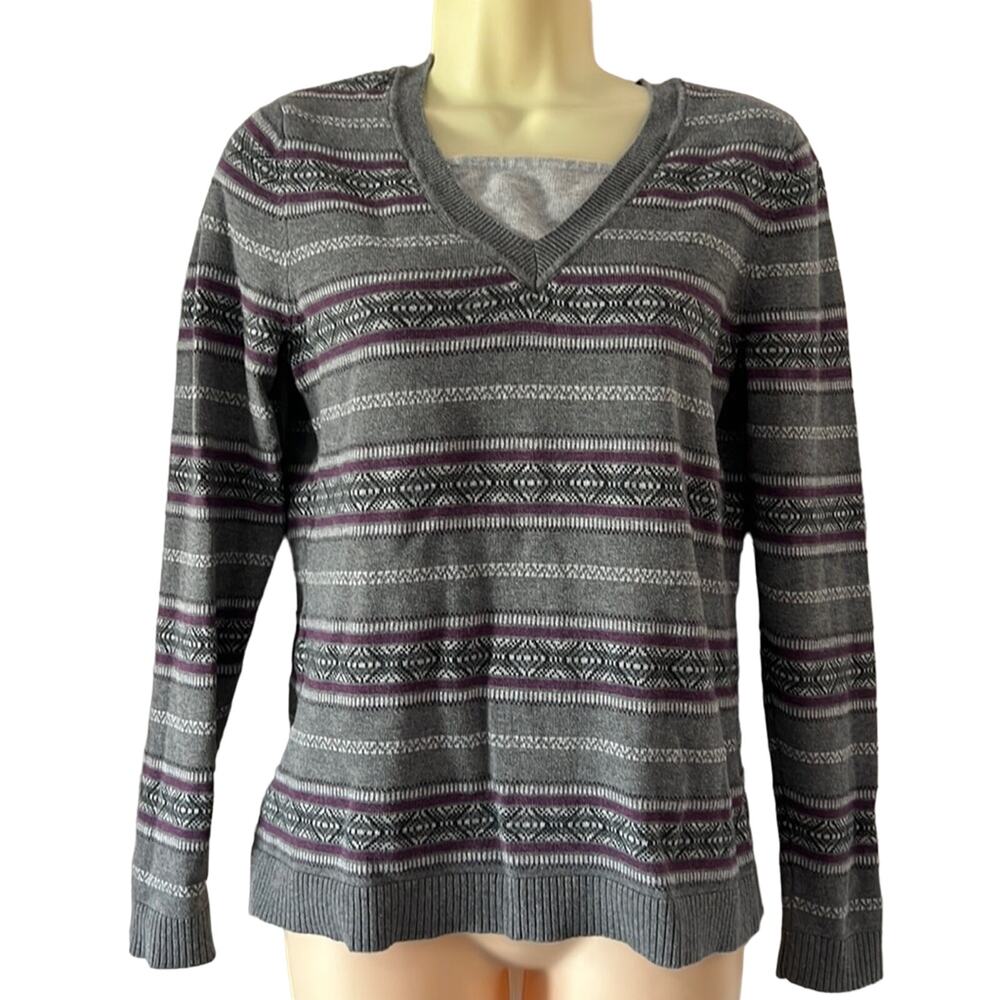Croft & Barrow Gray Layered Look Striped Sweater Woman Size Small Pullover